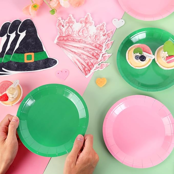 100 Pcs Pink and Green Party Supplies Halloween Witch Paper Plates and Napkins Crown Witch Hat Shape Napkin Disposable Dessert Cake Tableware Set for Women Girls Birthday Baby Shower Party Decorations