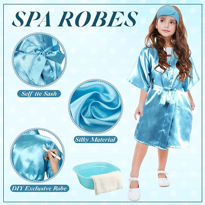 24 Pcs Kids Spa Party Supplies Includes 6 Spa Party Robes 6 Basins 6 Makeup Headband 6 Towels for Sleepover Bath (Blue)
