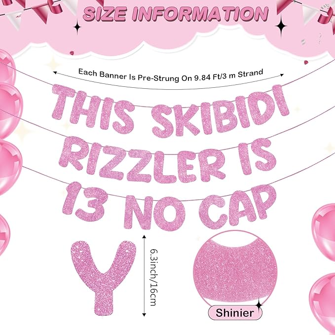 Fulmoon Pre Strung This Skibidi Rizzler Is 13 No Cap Glitter Banner 13th Birthday Party Decorations, Funny Birthday Sign, Party Supplies, Ideas, Gifts(Pink)