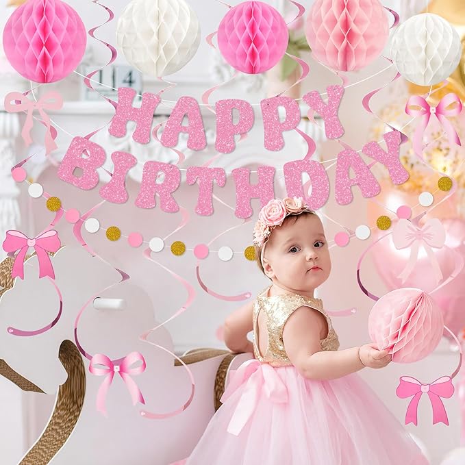 Amandir Pink Birthday Decorations for Girls Women, Glitter Happy Birthday Banner with Honeycomb Balls, Bow Hanging Swirls Streamers, Circle Dots Garland, Coquette Party Decorations