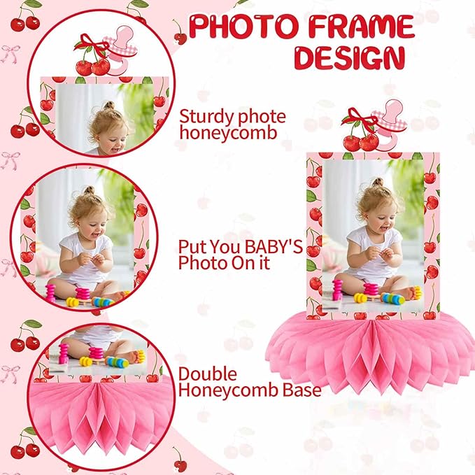 Cherry Birthday Decorations, Cherry Sweet One Party Decorations Honeycomb Centerpiece for Table, Cherries Photo Table Centerpiece for Fruit Girl Birthday Party Decor Supplies