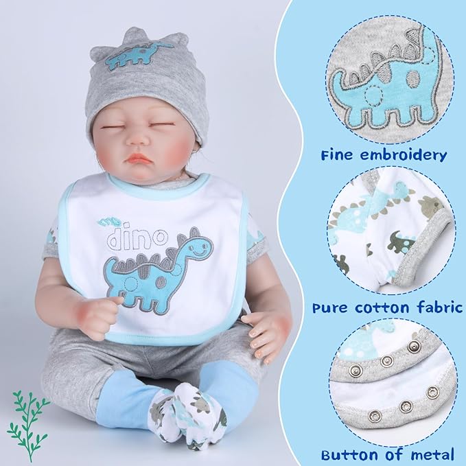 PEDOLLTREE Reborn Baby Dolls Clothes Accessories Dinosaur Outfit Set 12 Pcs Set for 17-22 Inch Reborn Doll Newborn Baby Boy with Green Dinosaur Backpack