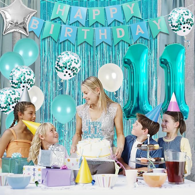 11th Birthday Decorations for Girls Teal - Happy 11th Birthday Decorations Eleventh Cake Topper Teal Fringe Curtain Turquoise Banner Number 11 Foil Balloon, 11 Year Old Girl Party Decor