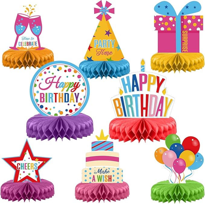 Pajean 8 Pieces Colorful Birthday Party Honeycomb Centerpieces Colorful Table Centerpieces Decorations Table Centerpiece Sign for Kids Adults Party Supplies