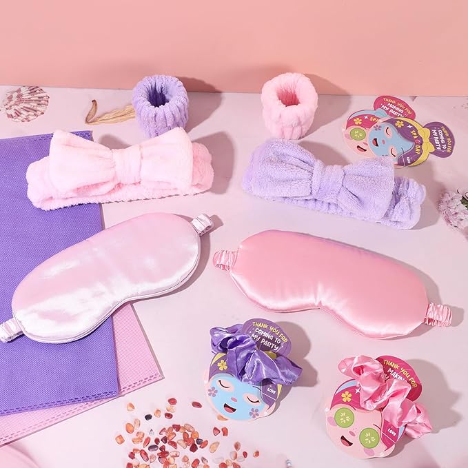 72 Pcs Girls Spa Sleepover Party Supplies With DIY Sticker And Greeting Card Pink Purple Headband Wristbands Eye Mask Hair Scrunchie Tote Bag Sleeping Slumber Party Favor