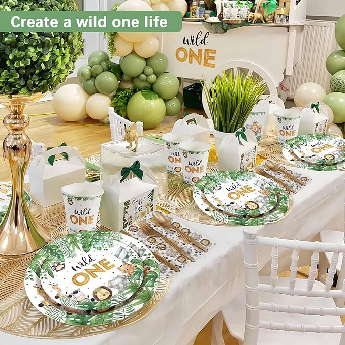 175 Pcs Wild One Birthday Decorations Plates Set 25 Guests, Safari Jungle Baby Shower Theme Paper Plates Napkins Cups Cutlery Set Boys First 1st Party Supplies