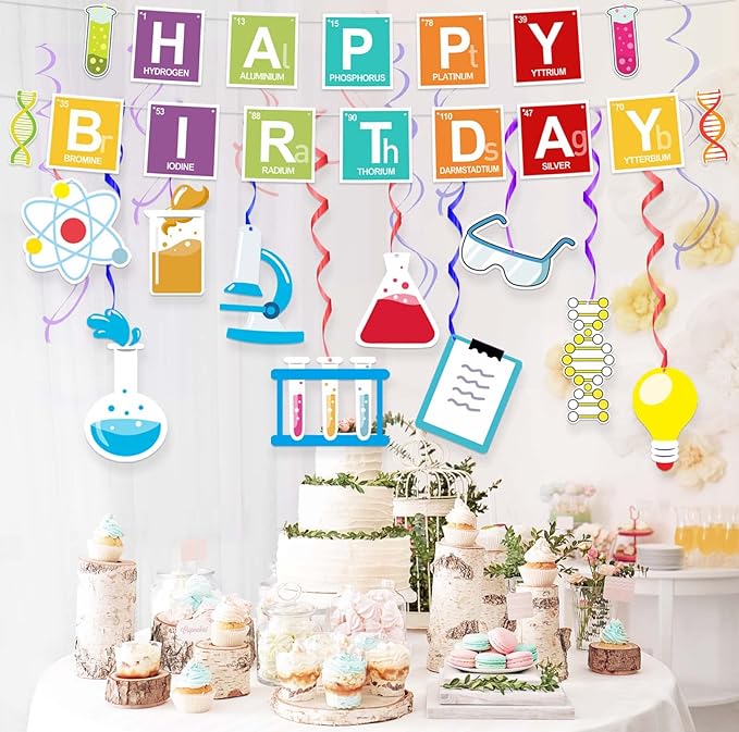 Science Happy Birthday Banner Backdrop Periodic Table Chemistry Theme Decorations Decor for School Science Laboratory Lab Science Classroom Boy Girl Kid Birthday Party Baby Shower Supplies Background
