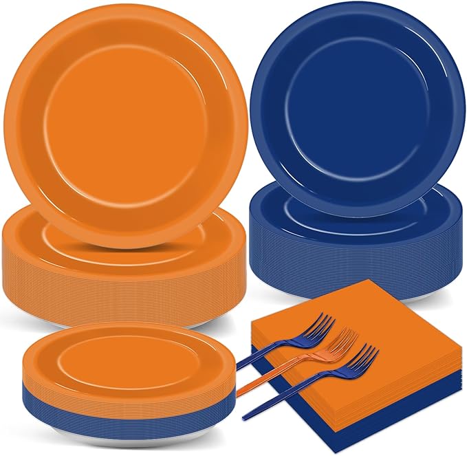 200 Pcs Orange and Blue Birthday Decorations Dart War Party Supplies Orange Blue Paper Plates and Napkins Tableware Set for Baby Shower Party Favors for 50 Guests