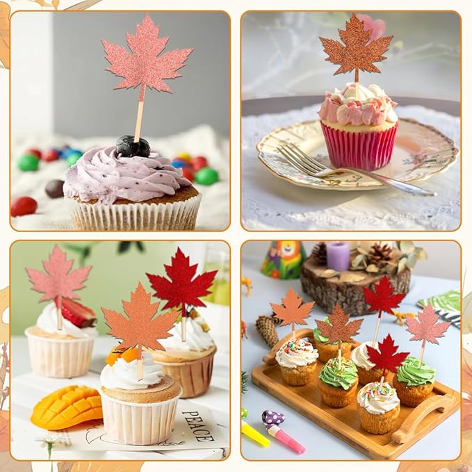 Fall Thanksgiving Cupcake Toppers, 24 PCS Glitter Maple Leaf Cupcake Toppers Cake Decorations, 4 Colors Maple Leaf Food Picks for Fall Autumn Thanksgiving Day Themed Party Decoration Supplies