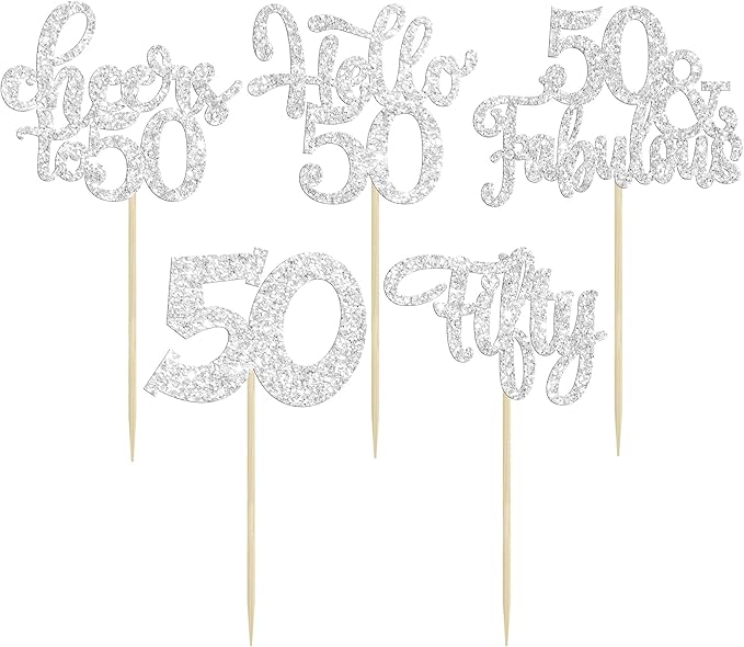 30Pcs Happy 50th Birthday Cupcake Toppers Silver Glitter Fifty Cheers to 50 Years Old Birthday Cupcake Picks for 50th Anniversary Party Cake Decorations Supplies