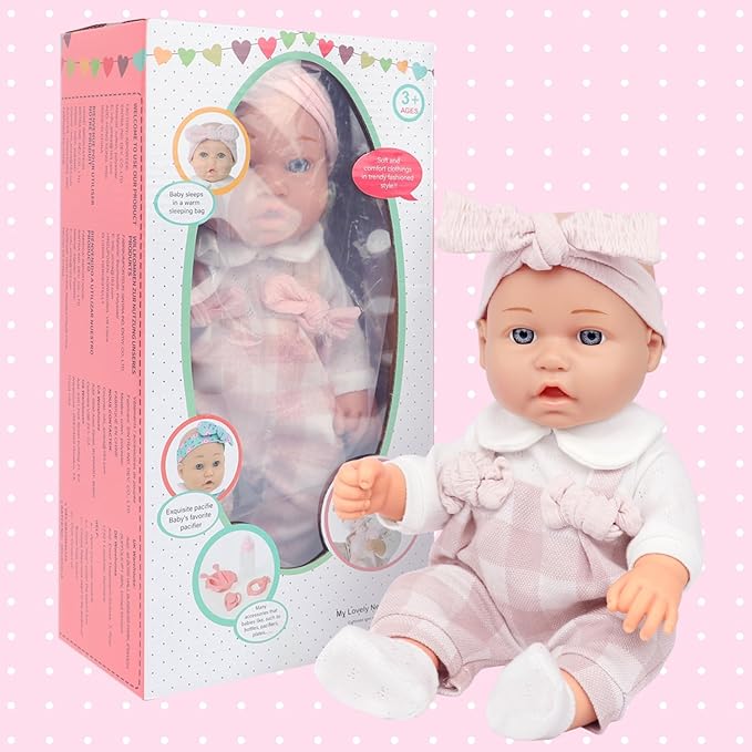 Ecore Fun 12" Baby Doll and Clothes Accessories Playset - 6 Pcs 12 Inch Doll with Pink Romper Outfit, Headband, Socks, Pacifier, Bottle | Gift Ready in Box