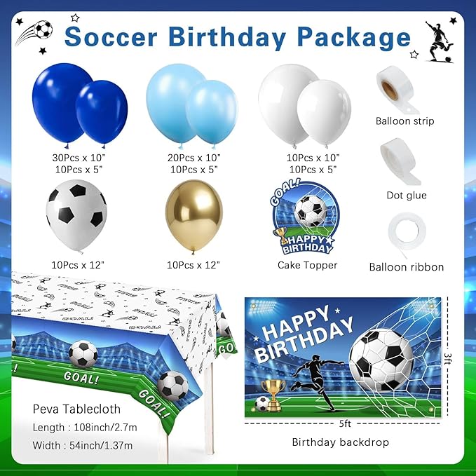 Soccer Birthday Party Decorations 116Ppcs 16Ft Blue Balloons Arch Kit Backdrop Cake Topper Tablecloth for Men Boys Soccer Theme Birthday Party Supplies