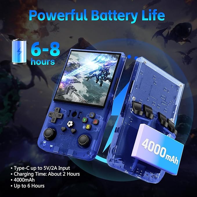 R36MAX Handheld Game Console, Retro Gaming Console with 4000mAh Battery 4.0”IPS Screen, Open Source Linux System, with 64GB TF Card Portable Video Gaming Console, Transparent Blue