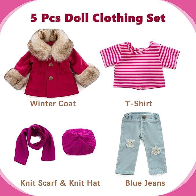American 18 Inch Doll Clothes Set, 5-PC Fashion Red Winter Coat Set Includes Warm Coat, Shirt, Jeans, Pink Knit Hat & Knit Scarf, Outfits Casual Wear(Doll NOT Included)