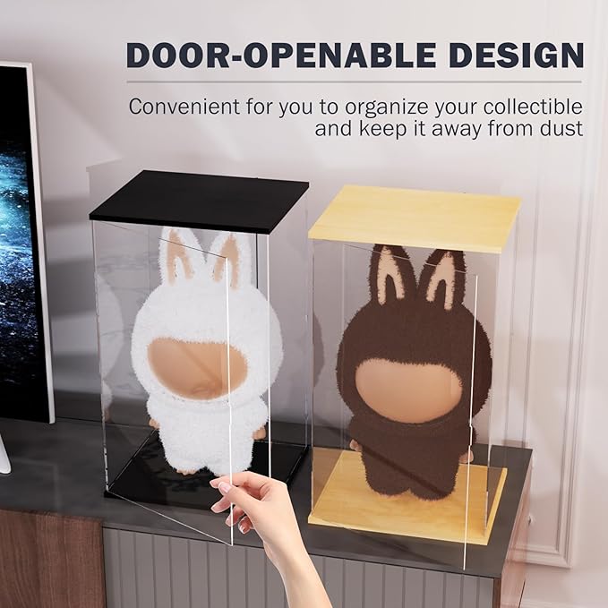 Nynelly Acrylic Display Case for Zimomo Labubu with Light, Clear Display Box for Large Collectibles Doll, Assemble Dustproof LED Showcase Storage Box with Door, 13.8x11.8x23.6in, Black