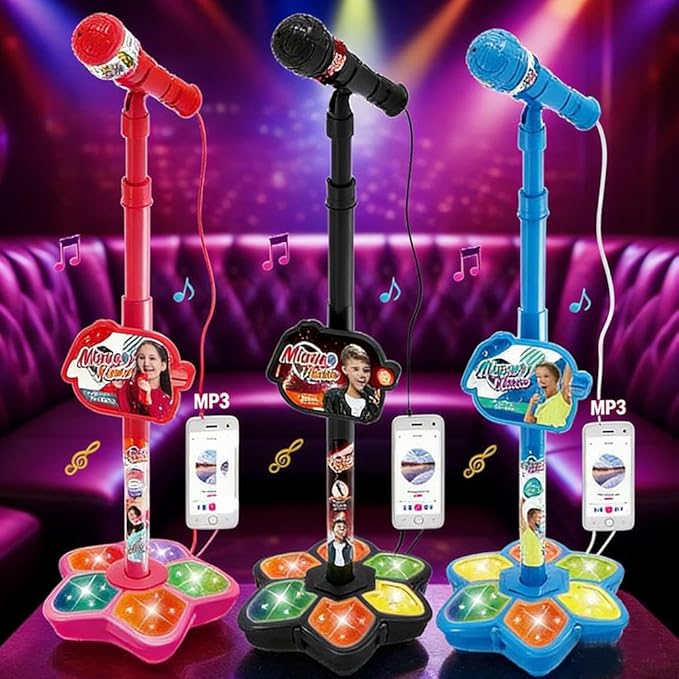 Adjustable Kids Karaoke Microphone with Stand, Extends up to 39.4” Height, Detachable Handheld Mic with LED Light Base & Type-C Adapter, Compatible with Android/iOS/PC for Singing & Parties
