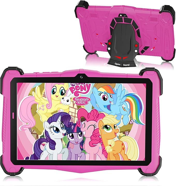 Kids Tablet 7 inch Android 15, Tablet for Kids with 10GB RAM 64GB ROM Bluetooth IPS Screen Parental Control Dual Camera Shockproof Case for Educational Games (Pink)