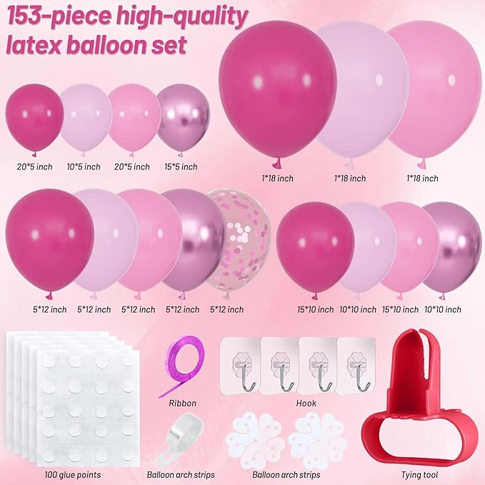153pcs Pink Balloon Arch Garland Kit, Hot Pink Latex Balloons Metallic Confetti Ballon Different Size 18 12 10 5 inch for Girls Birthday Wedding Princess Baby Shower Party Decorations.