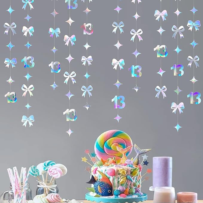 Iridescent 13th Bow Birthday Decorations Glitter Conquette Bow Garland Streamer Banner Backdrop for Girls Boys Happy 13th Birthday Official Teenager Cheers to 13 Years Old Anniversary Party Supplies