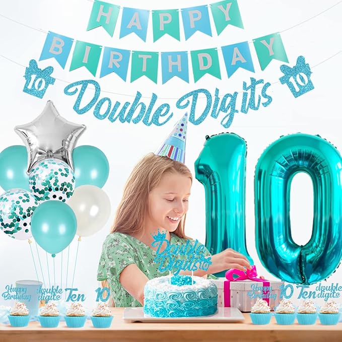 10th Birthday Decorations for Girls Teal, Double Digits Party Supplies Turquoise Banner Cake & Cupcake Toppers Number 10 Helium Balloon Star Foil Balloon for 10 Year Old Girl Party Decorations