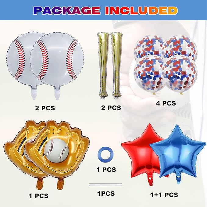 Baseball Party Balloons,Baseball Glove Jumbo Foil Mylar Baseball Bat Balloons for Birthday Sports Theme Supplies,Confetti Red and Blue white Foil Balloon for Baby Shower Party Decoration