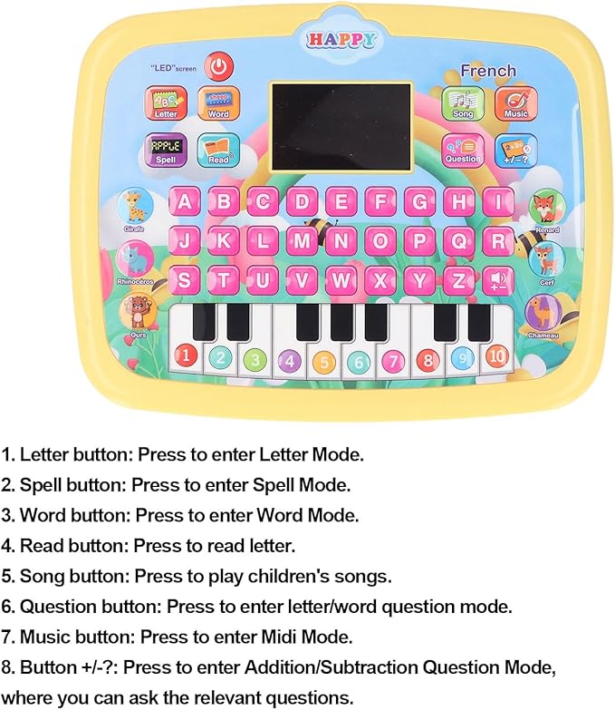 French Learning Tablet,LED Screen French Learning Machine Children Early Education Toy Interactive Pad Reading Machine for Kids (Yellow)