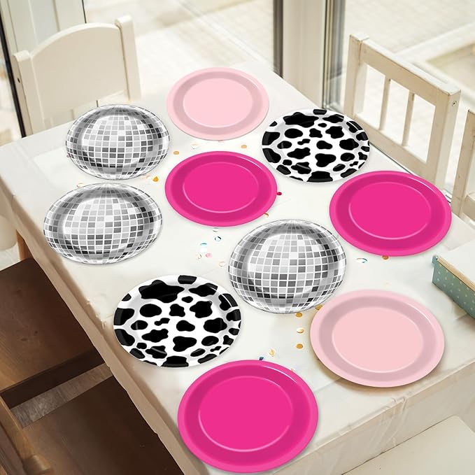 48Pcs Western Cowgirl Party Paper Plates for Cow Print Themed Party Supplies 7" Hot Pink Disco Ball Disposable Dessert Plates for Cowgirl Birthday Bachelorette 80s 90s Disco Shower Party Decorations