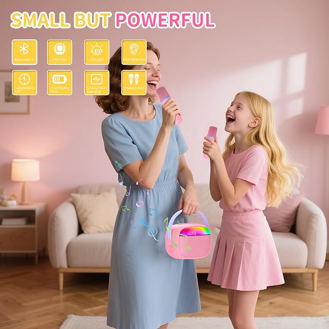 Mini Karaoke Machine with 2 Wireless Microphones for Kids Portable RGB Bluetooth Speaker Birthday Gift Toys for 3 4 5 6 7 8+ Year Old Girls Boys