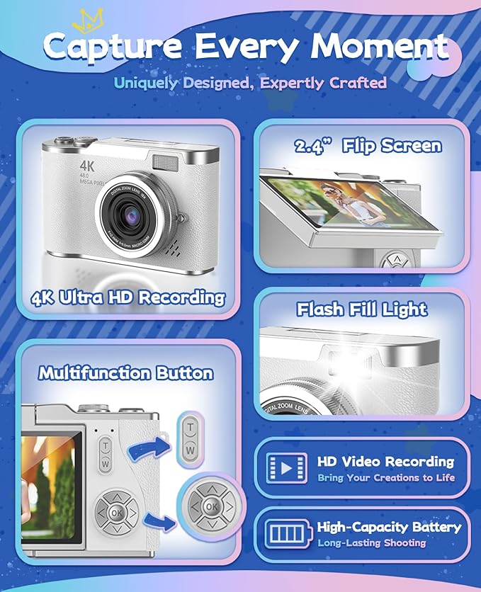 Kids Camera,4K Digital Camera for Photography,48MP 1080P HD Video Selfie Camera,with 180° Flip Screen Flash,with 32GB SD Card,for Starter Kid Children Teen Student Girl Boy(White)