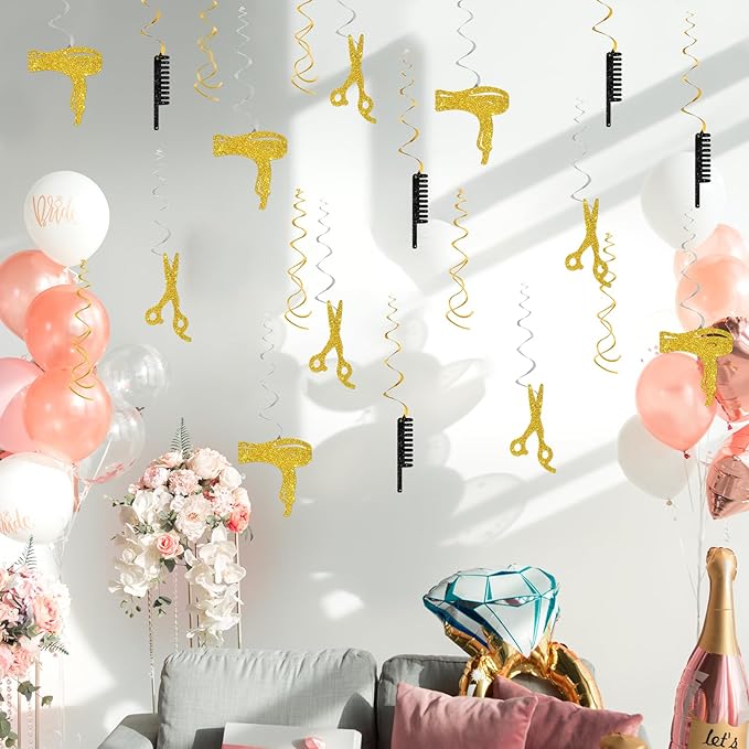 Barber Hanging Swirl Decorations - Glitter 21 Pcs Haircut Salon Party Supplies - Barber Bday Birthday Party - Engagement - Haircut Salon Streamers - Hair Salon Foil Swirls Ceiling Decorations