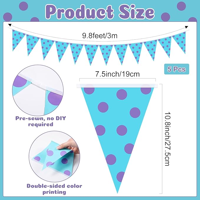 Tiamon 5 Pcs Blue Monster Cartoon Birthday Banner Decoration Purple and Blue Pennant Bunting 49.2 ft Monster Triangle Flag for Boy Cartoon Animation Birthday Baby Showers Party Decoration