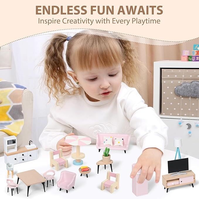 Wooden Dollhouse Furniture Set, Dollhouse Accessories and Furniture, with 7 Rooms 3 Dolls, Includes Patio Set & Dog Set, Doll House Furniture Toys Gift for Kids Boys Girls