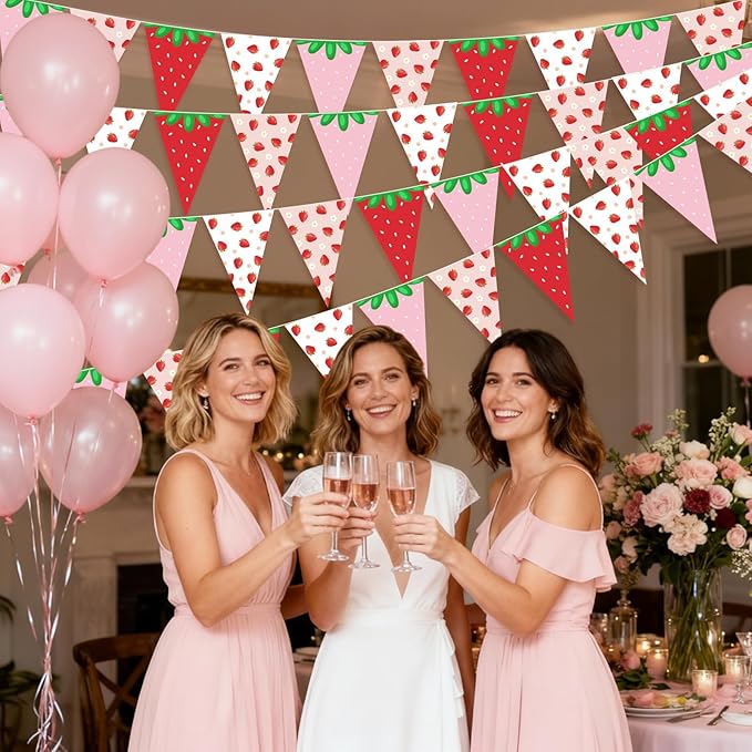 Jetec 5 Pcs 49 Ft Strawberry Decorations Strawberry Pennant Banner Pre-Assembled Berry Sweet Triangle Flag Bunting Garland for Berry First Birthday Party Baby Shower Theme Decor Supplies