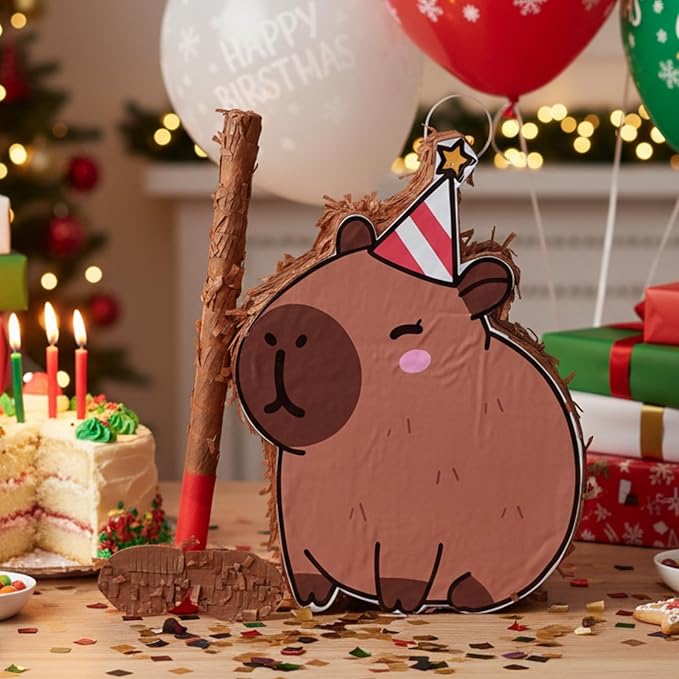 Christmas Capybara Piñata for Kids Birthday Party 15.7 x 10 x 2.8 Inches Xmas Candy Cane Cap Animal Piñata with Bat Blindfold and Confetti for Holiday Photo Props Decoration