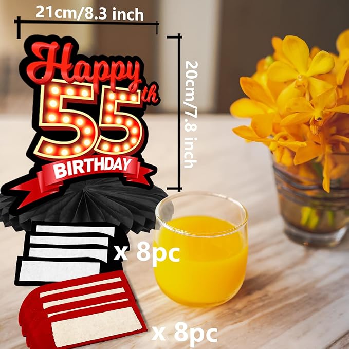 Happy 55th Birthday Red and Black Table Honeycomb Centerpieces Balloons Theme Decor Table Decorations Table Toppers for Girls Women Princess 55 Years Old Birthday Party Bday Supplies Background Gold