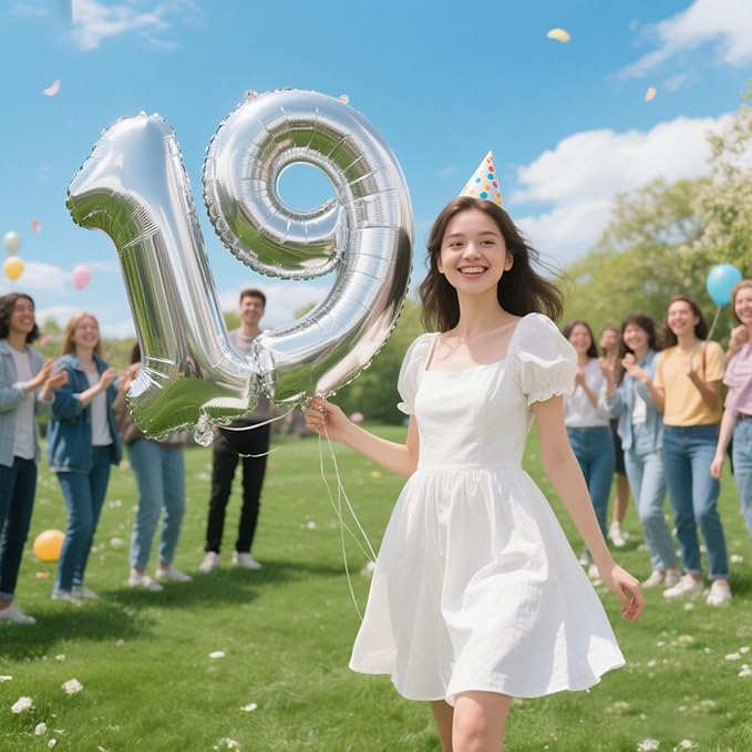 40 Inch Silver Number 19 Digital Balloon,Jumbo Mylar Foil Helium Balloon for 19 Balloons for Birthday Party,Wedding Anniversary Party Decorations