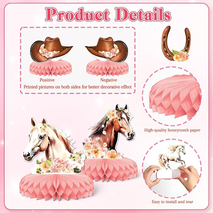8 PCS Cowgirl Decorations，KSKSPE 3D Horse Themed Party for Tables Western Cowgirl Party Supplies for Western Cowgirl Themed Girls' Birthday Wedding Party Supplies