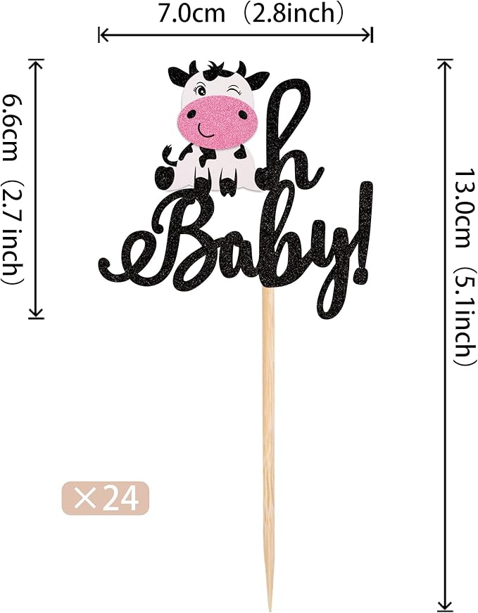 24 PCS Cow Oh Baby Cupcake Toppers Glitter Farm Animals Oh Baby Cow Cupcake Picks Gender Reveal Theme Baby Shower Kids Boys Girls Birthday Party Cake Decorations Supplies