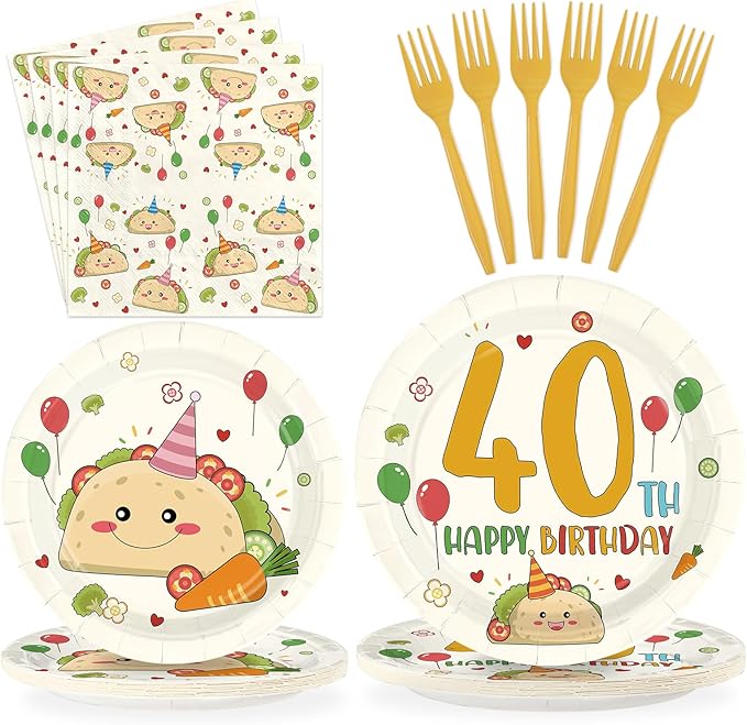 96Pcs Taco 40th Birthday Party Decorations for Men Happy 40th Birthday Plates and Napkins Sets Yellow Cute Taco Themed Decorations for Adult 40 Years Old Bday Party Supplies Serves 24