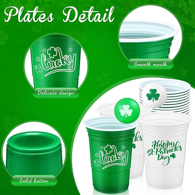 Pickmesh 30 Pack St. Patrick's Day Party Game Set, 22 Pack 16 oz St Patricks Day Plastic Beer Cups and 8 Pack 1.5in Green Shamrocks Balls Beer Game Set for Irish Festival Party Games Favors