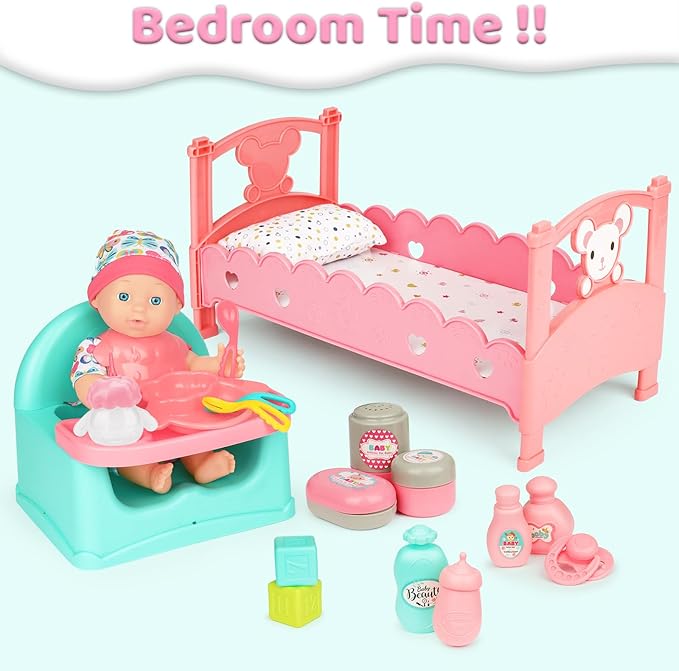 deAO Baby Doll Play Set, 25 PCS Baby Dolls Accessories with Doll High Chair Seat High Crib Toy Toilet and Bathtub Pretend Play Toys Gift for Ages 3 4 5 6 7 8 9 Girls Kids