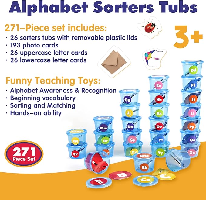 Joyreal 271 PCS Alphabet Learning Toys for Toddlers 3-5, ABC Phonics Games with 26 Sorting Tubs & Flash Cards, Montessori Preschool Classroom Must Haves, Letter Sounds Recognition Activities