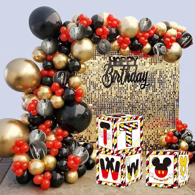 TONIFUL Mouse 2nd B-Day Party Supplies Red Yellow Black Balloon Box with Letters, Red Mouse Theme TWO Years Old Birthday Party Favors for Second Birthday Decoration