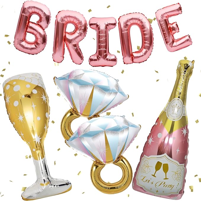 9 Pcs Bride Balloons, Huge Rose Gold Champagne Bottle Goblet Aluminum Foil Balloons for Birthday, Bachelorette, Bridal Shower, Wedding, Anniversary, Engagement Party Decorations Supplies