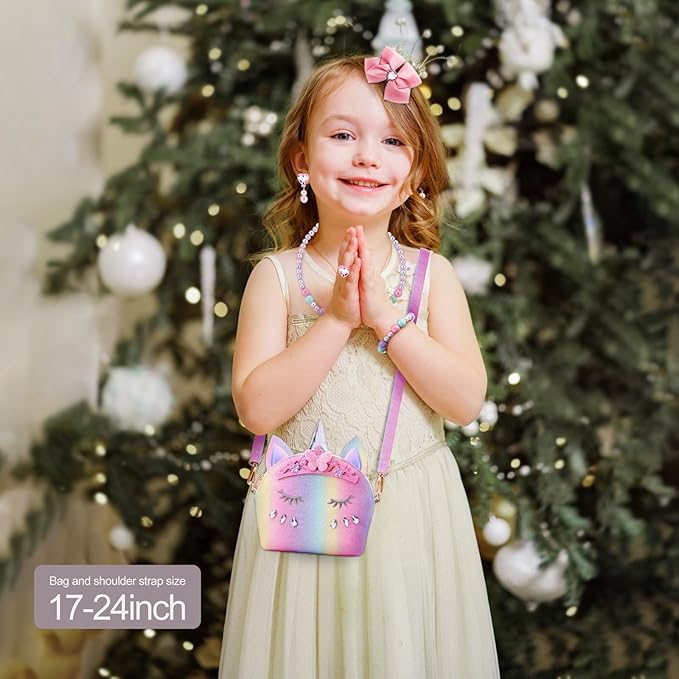 JYPS 7PCS Toddler Purse for Girl, Girls Wallet with Pretend Play Toys, Princess Toys with Kids Dress Up Jewelry Set (Rainbow Crown Unicorn)
