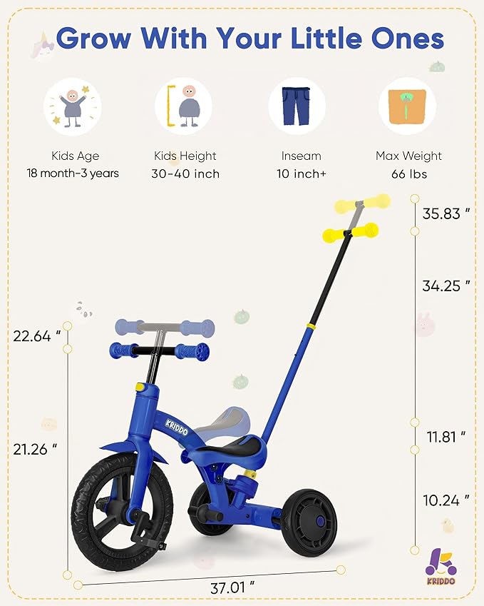KRIDDO 4-in-1 Kids Tricycle for 1.5 to 3 Yea Old with Parent Steering Push Handle, 12 Inch Front Wheel Trike, Toddler Balance Bike for Boys Girls 18 Months to 3 Years, Adjustable Height, Blue