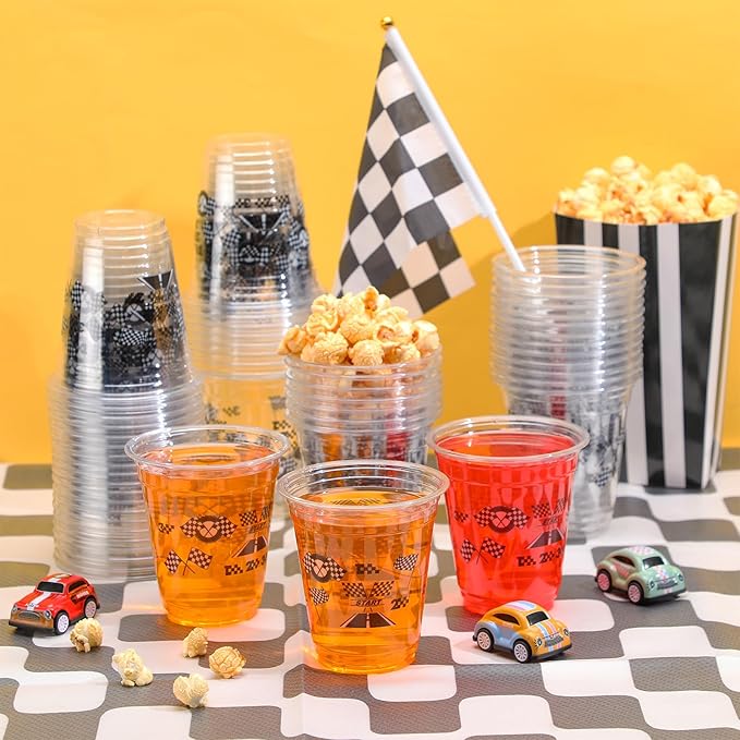Uiifan 50 Pcs Race Car Cups Checkered Flag Party Supplies Bulk 12 oz Black White Disposable Plastic Clear Race Cups Racing Birthday Party Decorations for Fast One Two Checkered Birthday Favor