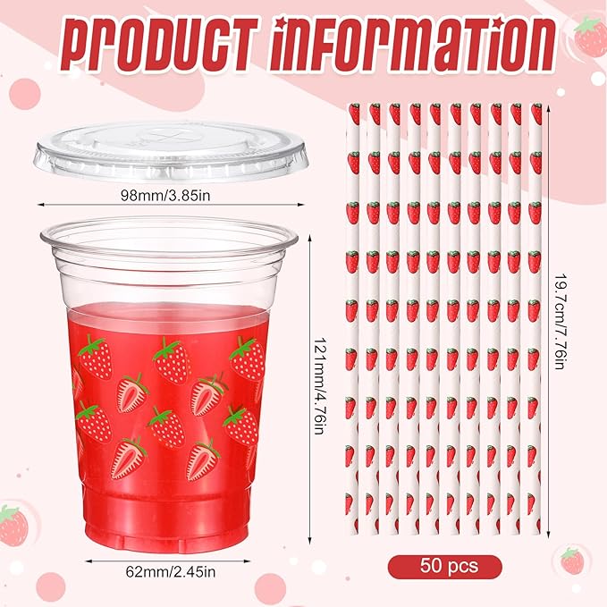 Yungyan 50 Sets 16 oz Strawberry Plastic Cups with Lids and Straws Strawberry Party Decoration Coffee Juice Disposable Drinking Cups for Berry First Birthday Decoration Baby Shower Party Supplies