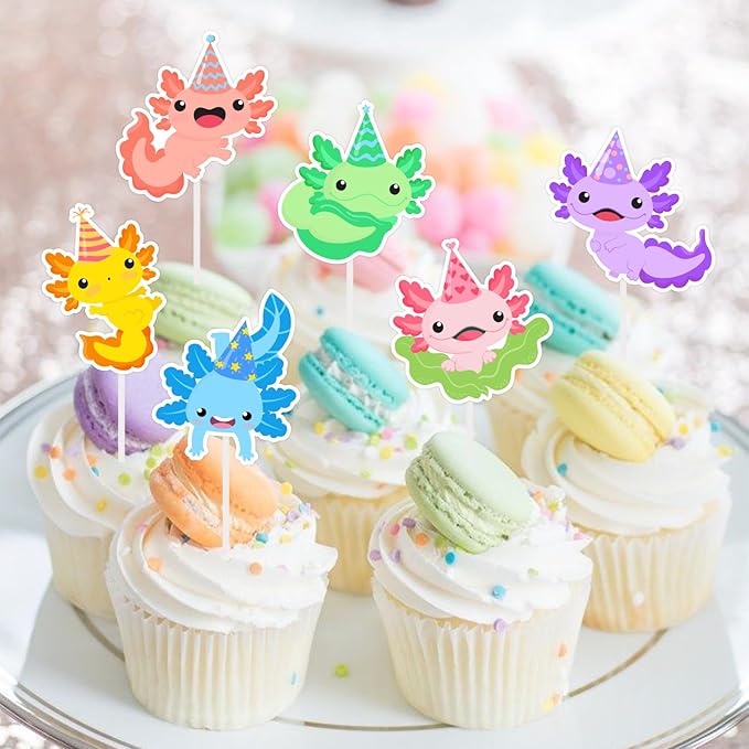 36 Pieces Axolotl Cupcake Toppers Birthday Decorations for Boys Girls - Cartoon Animal Axolotl Theme Cake Decors Picks Baby Shower Gender Reveal Party Favors Supplies