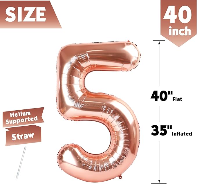 40 Inch Rose Gold Number 5 Balloon, Giant 5 Number Balloons for 5th Birthday Decorations, Party Supplies for Baby Boy Girl, Rose Gold Party Decor
